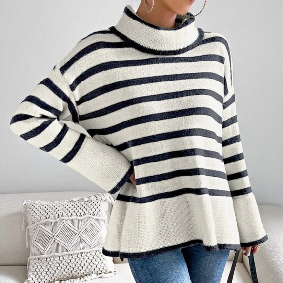 White Preppy Womens Striped Pattern High Neck Split Hem Sweater - Picture 5 of 5